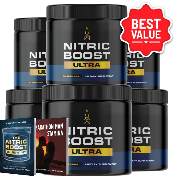 Six jars of Nitric Boost Ultra with two free bonus guides